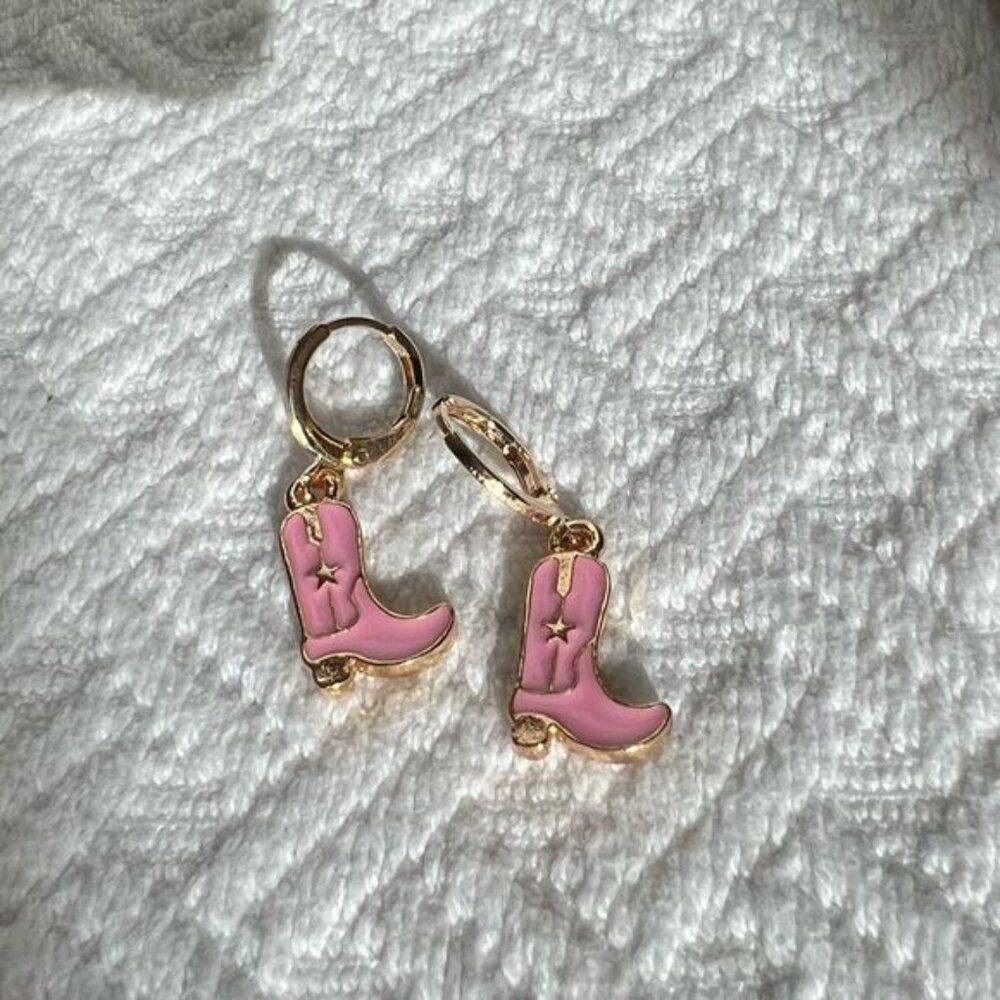 Country Western Pink Gold Tone Mini Cowboy Boot Earrings Rodeo Cowgirl Festival